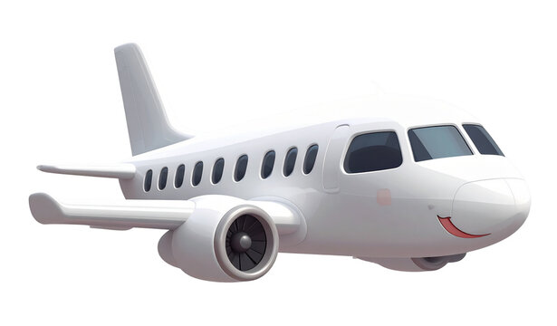 White airplane 3d rendering isolated on transparent background. Cartoon plastic style icon
