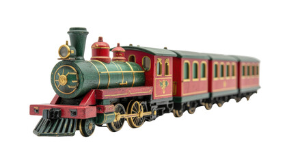 Vintage model train with classic design, ready to travel, a toy train from the golden age of rail transport. Isolated On Transparent and White Background