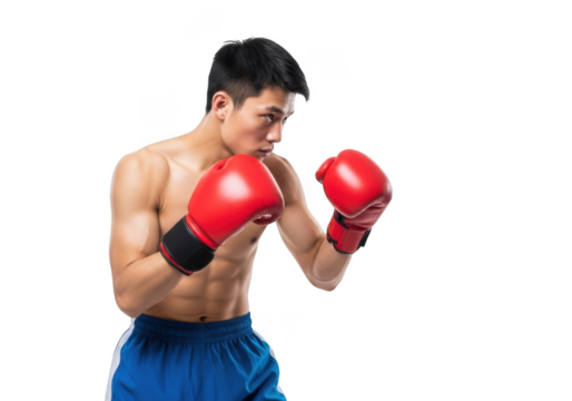 Professional asian boxer training with red boxing gloves, striking a fighting pose, full body shot, sportsman ready to fight isolated on transparent background