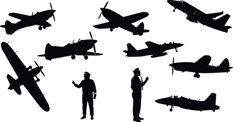 Airplane and pilot silhouette collection, vintage aircraft, jet planes, aviation crew illustration, flight control, air force training vector design