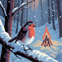 bonfire, illustration, drawing, winter, forest, fire, color, snow, outdoor, camp, nature, art, wood, tourism, background, tree, night, graphic, white, object, flame, christmas, campfire, design, firew