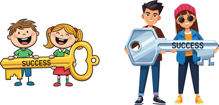 Children and Teens Holding “SUCCESS” Keys, Cartoon Achievement Scene, Golden and Silver Keys, Unlocking Potential, Age Diversity, Opportunity, Motivation, Expression - Powered by Adobe