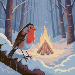 bonfire, illustration, drawing, winter, forest, fire, color, snow, outdoor, camp, nature, art, wood, tourism, background, tree, night, graphic, white, object, flame, christmas, campfire, design, firew