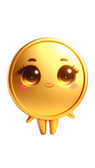 A 3D rendering of a cheerful golden coin character with big, expressive eyes and rosy cheeks, isolated on black.