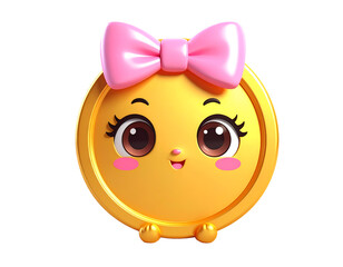 Adorable golden coin character with a big pink bow, rosy cheeks, and charming eyes, set against a striking black background.