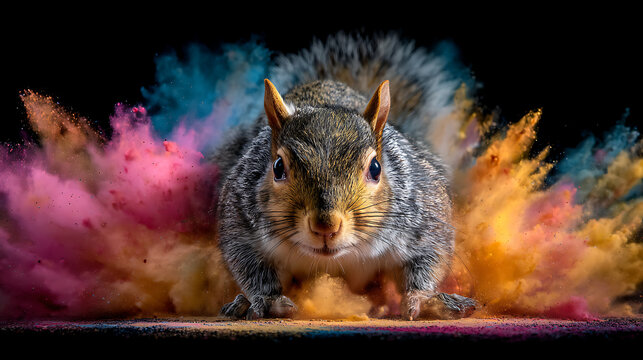 A curious gray squirrel crouches on a wooden surface as vivid powder bursts in a rainbow halo bright