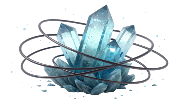 A cluster of glowing blue crystals with swirling orbits around them, isolated on transparent background