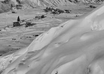 Mountain country with snow, black and white photo, Lombardy, Italy.