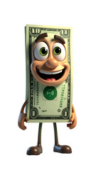 Cartoon money character with big eyes and a big smile, standing upright. He has a body made of money and brown shoes.