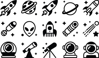 Whimsical hand drawn space icons featuring rockets planets aliens and astronauts