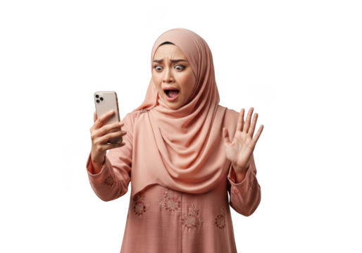 Shocked muslim woman in hijab looking at phone with fear and surprise, scared expression, transparent background, holding mobile phone isolated on transparent background