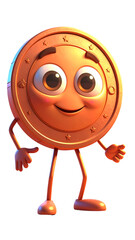 A cheerful coin character stands against a black background, radiating positivity with its big eyes and friendly smile.
