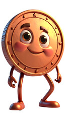 A copper coin character with a happy face, round rosy cheeks, and long arms and legs standing on a plain black background.