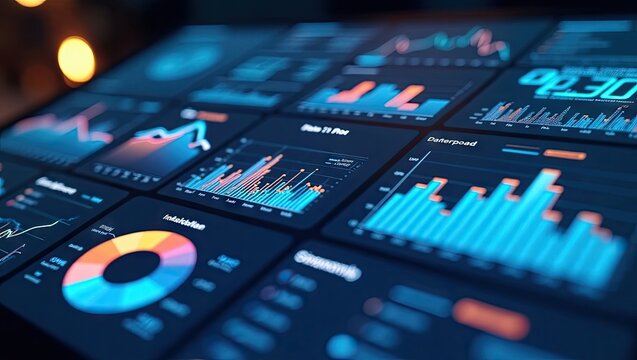 Illuminated display presents various data visualizations with colorful graphs, charts, and a circular pie chart, showcasing complex information in a grid arrangement with a dark background, 