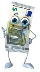 Animated currency character with a cheerful expression, cartoonish eyes and limbs against a stark black background.