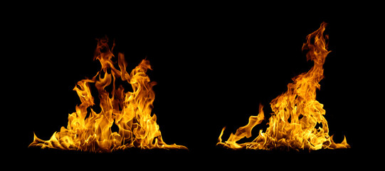 Realistic bright orange fire flames isolated on black background. Perfect for use in digital art,...
