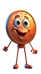 Whimsical coin character with a cheerful grin, expressive eyes, and arms and legs, standing against a black background.