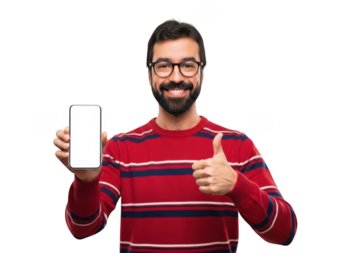 Happy man with beard wearing glasses holding smartphone with blank screen and giving thumbs up gesture isolated on transparent background