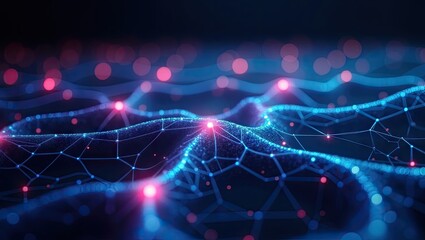 Abstract depiction showcases a flowing network of connected nodes with a digital aesthetic, rendered in vibrant blue and red hues.
