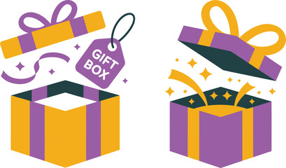 Two open gift boxes revealing surprises and sparkles