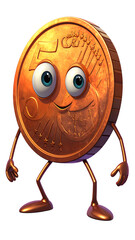 Animated coin character with a big smile, standing on its legs, radiating a fun, positive, and financial vibe on black.