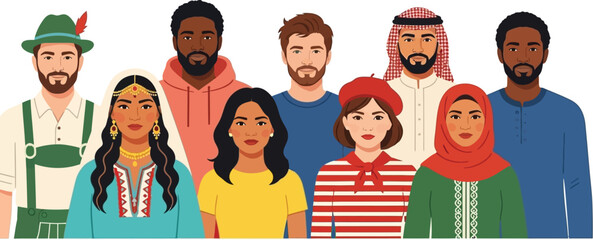 Diverse group of people from around the world standing together, celebrating cultural unity and global connection in a modern, inclusive community