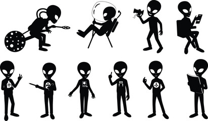 Alien silhouette characters, creative professions, futuristic hobbies, sci-fi lifestyle, tech behavior, 
