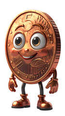 A whimsical coin character stands tall with a friendly face and shoes, inviting smiles and fun. A 5 cent coin avatar.