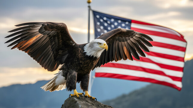 Bald eagle perched on a rock with wings spread against the american flag waving in the background