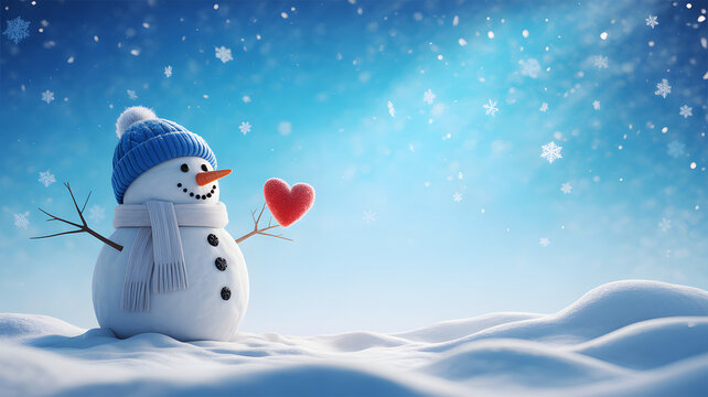 A cheerful snowman holding a red heart in a snowy landscape under a bright blue winter sky