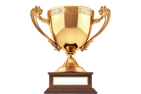 Golden Trophy Cup on Wooden Base with Blank Label on Transparent Background