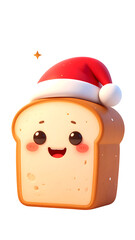 A kawaii slice of bread smiles brightly, donning a festive Santa hat, set against a stark black background with a twinkling star.