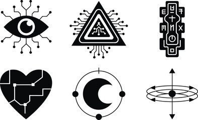 Mystical symbols with circuitry and geometric designs