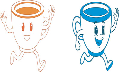 Two running cartoon coffee cup characters vector mascot design element on white background