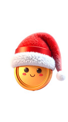 Festive coin character with a fluffy Santa hat, smiling warmly against a stark black background, spreading holiday cheer.