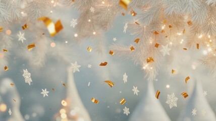 Golden confetti and snowflakes falling against a white backdrop