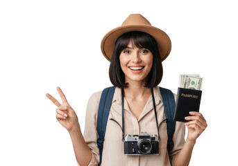Smiling woman traveler with passport and money showing peace sign, wearing hat and camera png image stock photo isolated on transparent background