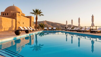 Fototapeta premium Beautiful swimming pool at luxury resort in cabo san lucas, mexico at sunset with palm tree