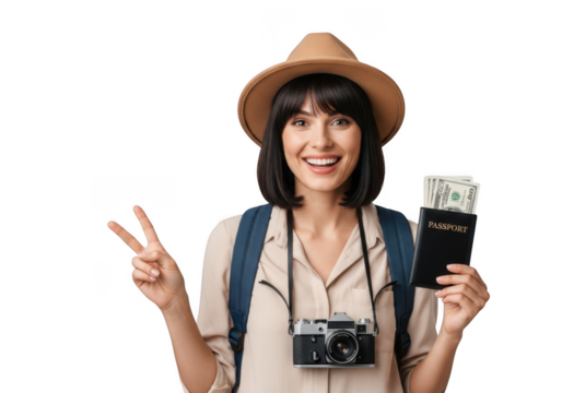 Smiling woman traveler with passport and money showing peace sign, wearing hat and camera png image stock photo isolated on transparent background