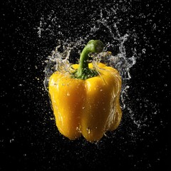 A vibrant yellow bell pepper immersed in splashing water against a black backdrop