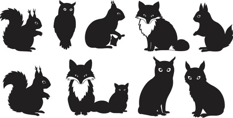 Animal silhouettes, black and white, squirrels, owls, foxes, cats, wildlife illustration, nature design, posture study, educational, artistic reference
