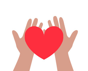Hands holding heart symbol in simple flat style, vector illustration for charity, donation, volunteering and healthcare support design.