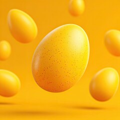 Floating, golden eggs against a vibrant orange background