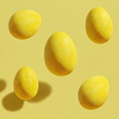 Yellow speckled eggs levitate on a light yellow background
