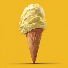 Creamy yellow ice cream in a waffle cone, against a vibrant yellow background
