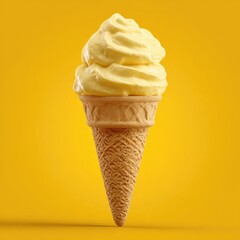Creamy, pale yellow ice cream in a waffle cone, against a bright yellow background
