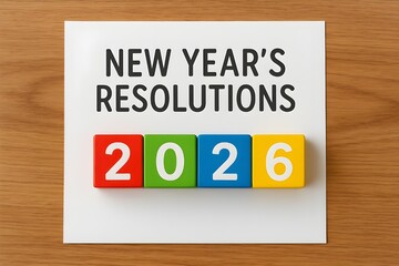 Image of a paper with the words "NEW YEAR'S RESOLUTIONS" written on it and colored blocks with the number 2026. New year's resolution concept