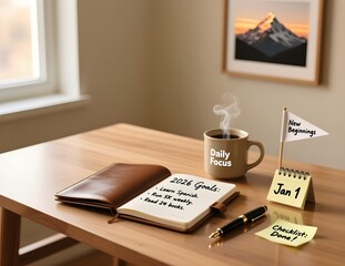 New Year's resolutions 2026 list with notebook. Goals, resolutions, plans, actions, checklist concept