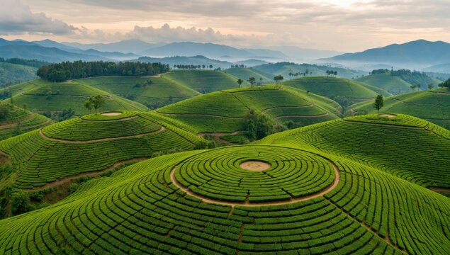 Aerial view of the long coc tea hill in phu tho province, vietnam, showcasing the lush green tea plantations
