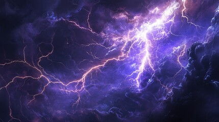 Fototapeta premium A dramatic and intense thunderstorm rages across the night sky, filled with vibrant purple and electric blue lightning bolts.